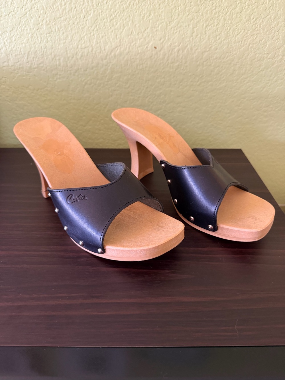 Vintage Candie's Wooden Platform Mules | 1980s Italian Leather Slides (Size 10)